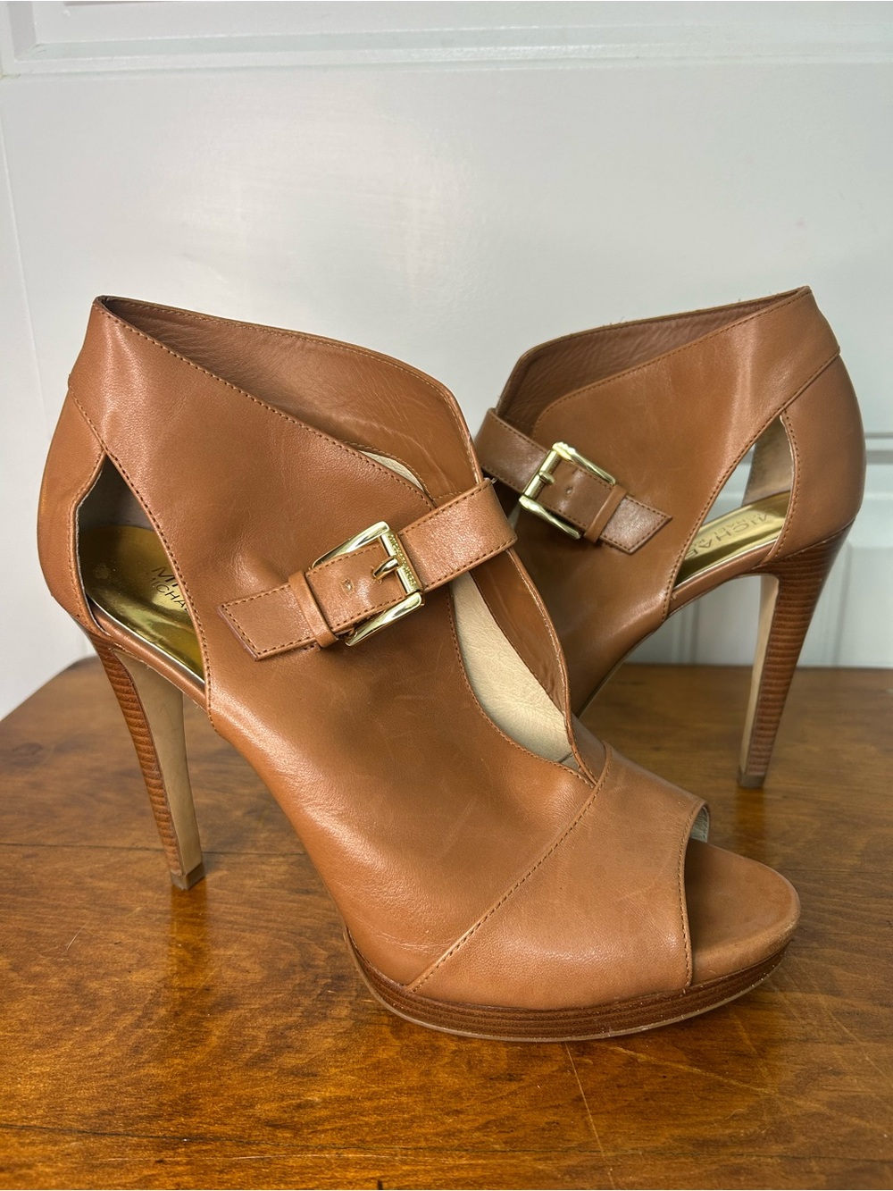 Michael Kors Tan Leather Peep-Toe High Heel Booties with Buckle size 10